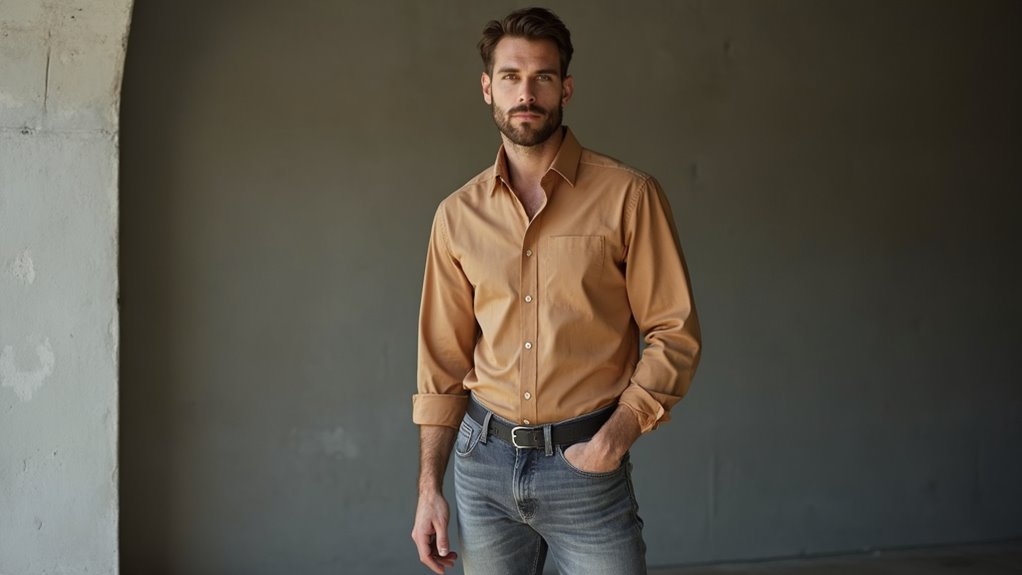 gray jeans tan shirt