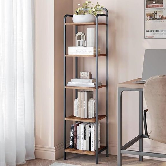 narrow industrial corner bookshelf